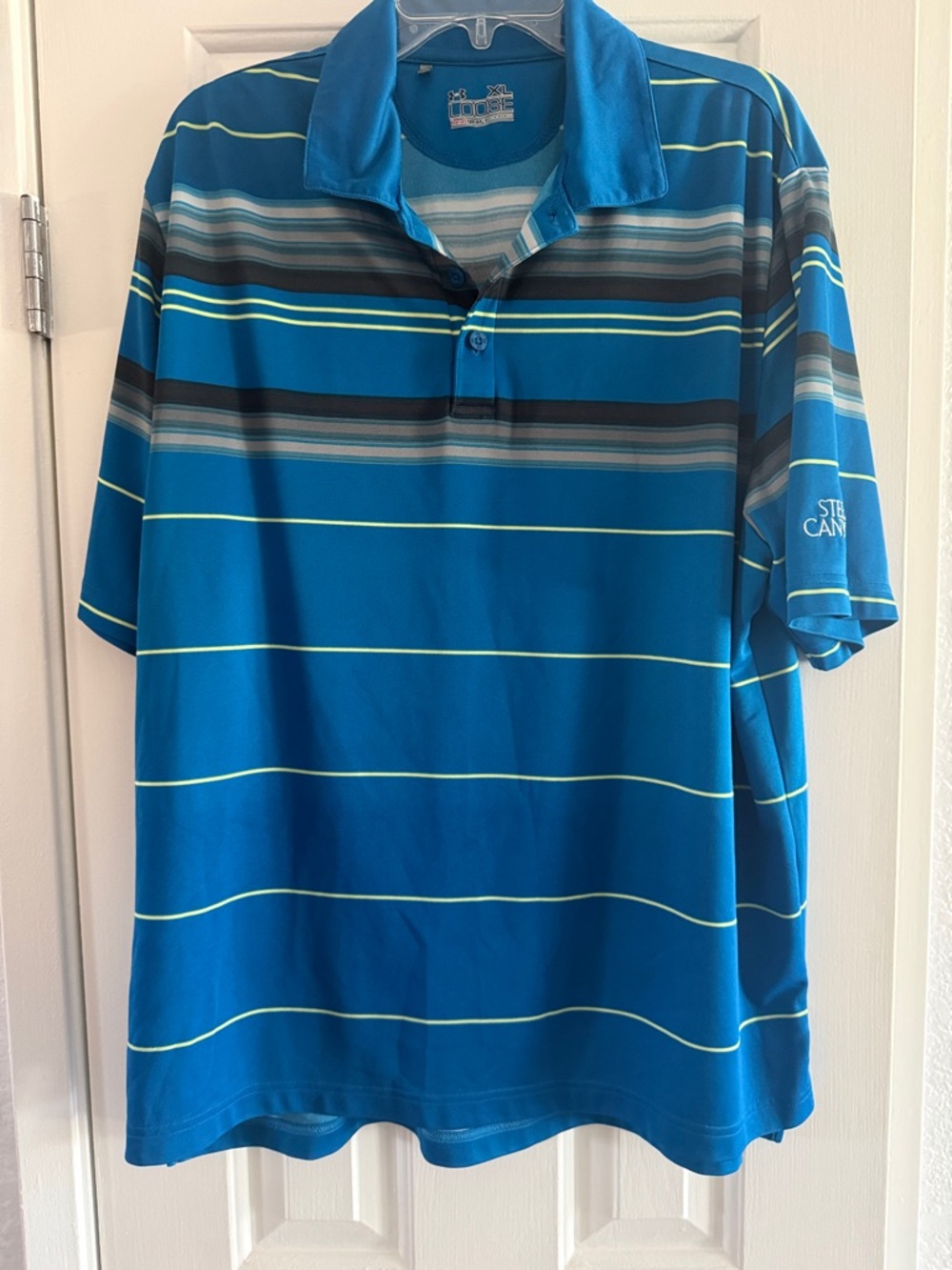 Under Armour Blue Striped Polo Golf Shirt with Lime Accents Steele Canyon Golf